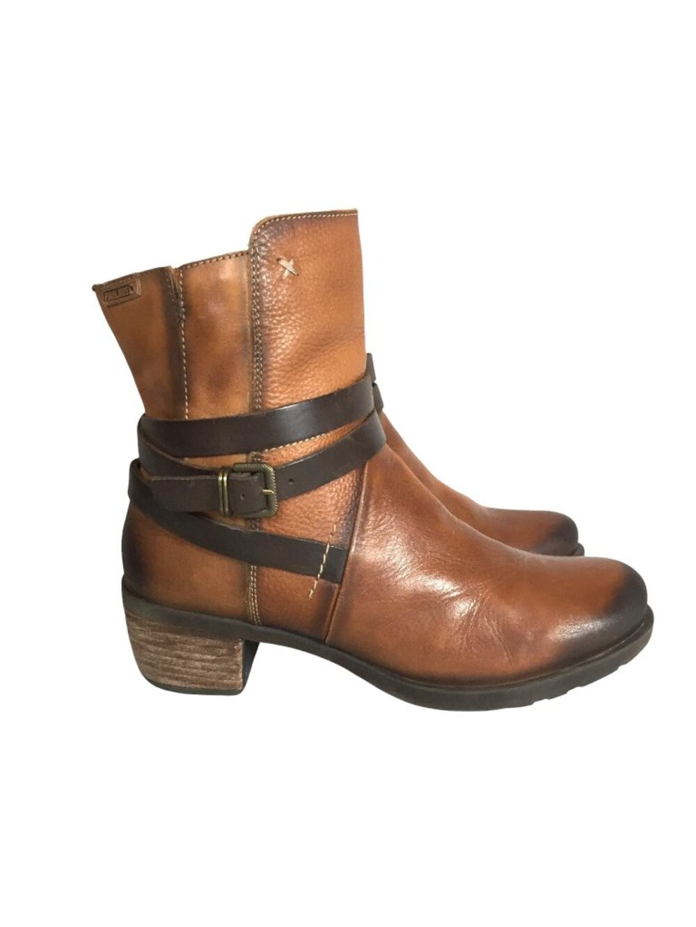 Pikolinos Womens 8.5/39 Brown Leather Stacked Heel Ankle Boots Side Zip